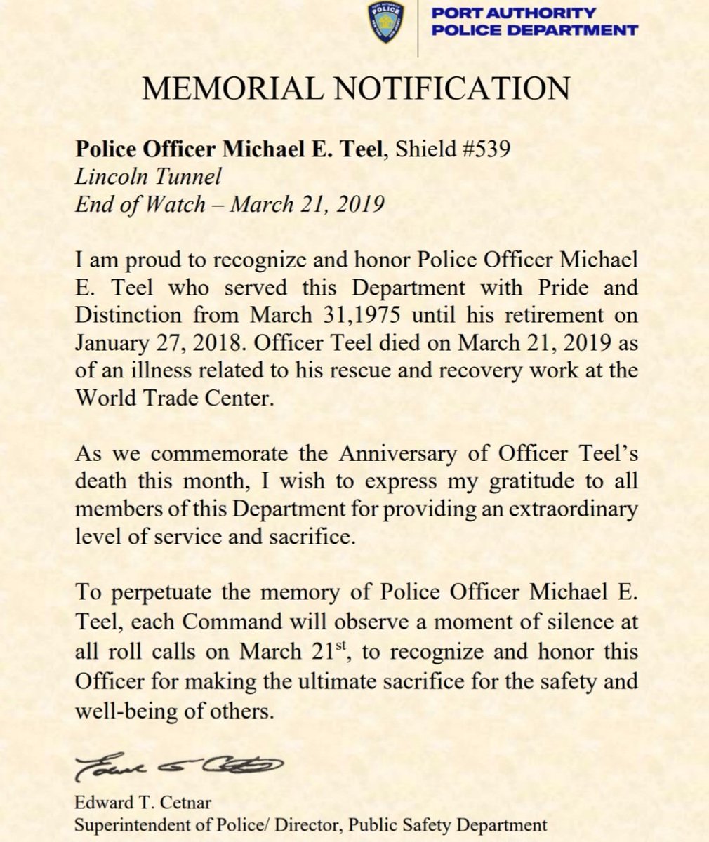 We always honor #PAPD PO  Michael Teel, EOW 3/21/19.
PO Teel succumbed to a 9/11 illness contracted during his heroic work in the toxic environment of the #WTC Rescue &amp; Recovery. 
Always Honored, Never Forgotten. 
#PAPBA #papdprotectsnynj #September11 #thesacrificecontinues