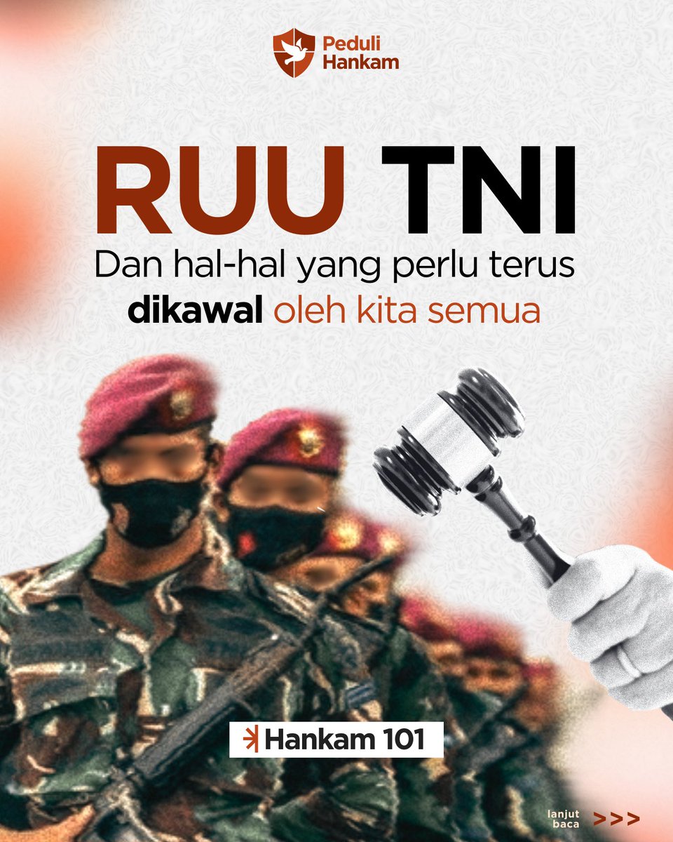Halo, Kawan Hankam!

RUU TNI sudah disahkan oleh DPR-RI pada Hari Kamis (20/3/2025) lalu.

Apa saja sih poin inti perubahan, dampaknya terhadap TNI dan masyarakat, serta catatan penting yang perlu kita kawal ke depan dalam menjaga semangat profesionalisme dan demokrasi?

🧵 (1/9)