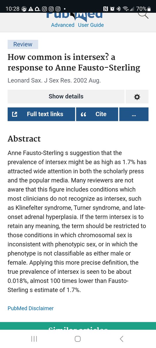 WasatchBrooks's tweet photo. @Frankthesc56146 @WokeDon @MRWahdy @devontenakamoto @Noahpinion 1.7% comes from a ridiculously expansive definition of intersex that has nothing to do with chromosonal abnormalities.  If you use chromosonal sex not aligning with phenotype sex as the true not recently made-up definition of intersex the number is 100X lower than 1.7%. https://t.co/G7g8eIRnSF