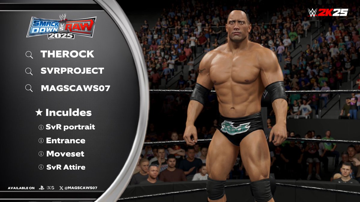 MAGSCAWS07's tweet image. NEW! #WWE2K25 Upload
⭑( THE ROCK )
⭑ Search tag ➤ #TheRock
⭑ Search tag ➤ #MAGSCAWS07
⭑ Search tag ➤ #SVRPROJECT
⭑ INCLUDES
● SVR 08 render,
● Moveset,
● Entrance,
● SVR 07 - 08 Attire
● New Hair