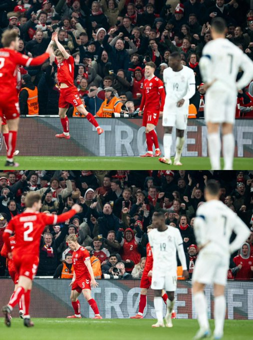 footballpunditX's tweet photo. ✨ Rasmus Højlund scores and hits the Sium celebration in front of Cristiano Ronaldo… as a tribute.  

#DENPOL #CR7 #CristianoRonaldo https://t.co/wYSN15RrPt