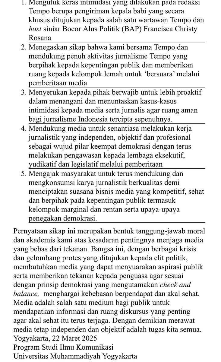 komunikasiumy's tweet photo. PERNYATAAN SIKAP
PROGRAM STUDI ILMU KOMUNIKASI
UNIVERSITAS MUHAMMADIYAH YOGYAKARTA
MERESPON INTIMIDASI PADA REDAKSI TEMPO https://t.co/bfUvwwvViX