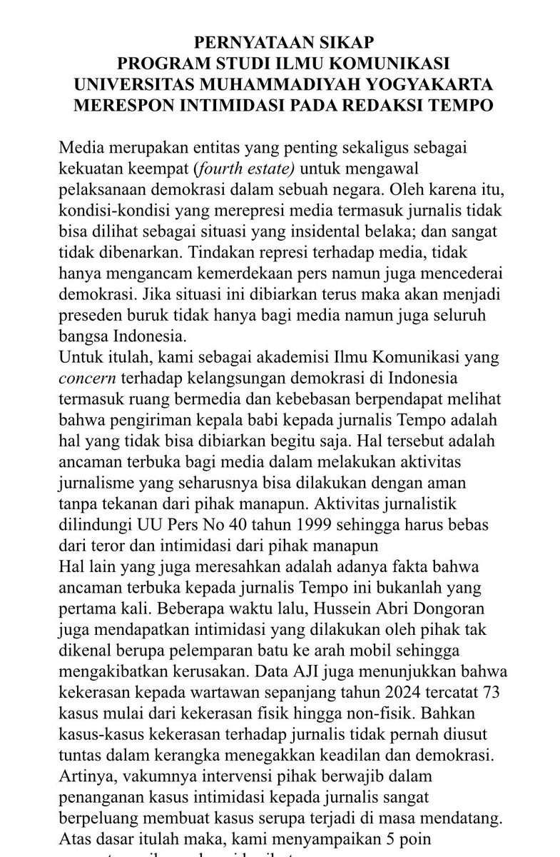 komunikasiumy's tweet photo. PERNYATAAN SIKAP
PROGRAM STUDI ILMU KOMUNIKASI
UNIVERSITAS MUHAMMADIYAH YOGYAKARTA
MERESPON INTIMIDASI PADA REDAKSI TEMPO https://t.co/bfUvwwvViX
