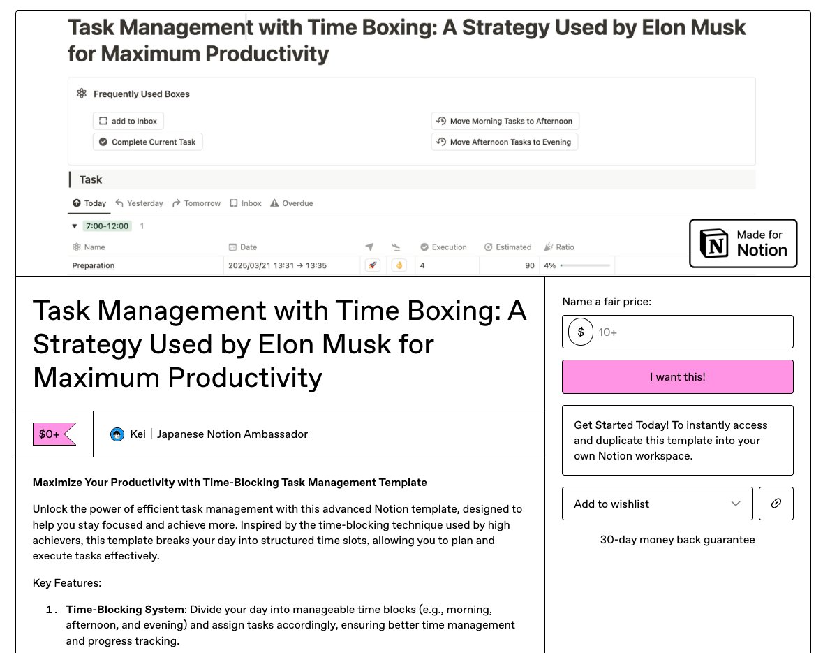 kei_notion's tweet image. 🚀Task Management Notion Template Now Available!🚀
I’ve just released a FREE Notion template based on Elon Musk’s time-blocking strategy to supercharge your productivity! 💪✨
Duplicate it to your Notion and start organizing your tasks effectively right away!
Get it now👇