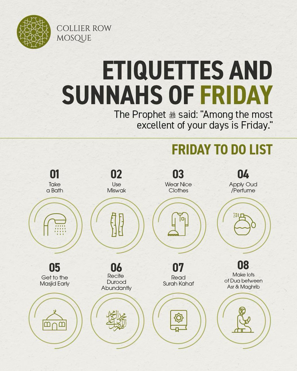 CollierRowMosq's tweet image. The Sunnah of Friday – Share with Your Family!

Remember to recite Surah Al-Kahf (The Cave) on Friday, as it brings a shining light that extends between this Friday and the next. 

Don’t miss out on this blessed practice!

#collierrowmosque