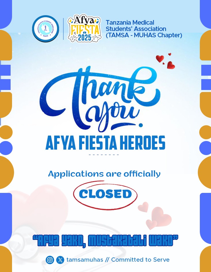 Applications are now officially CLOSED! ✅

A huge THANK YOU to everyone who applied to be part of Afya Fiesta! 💙 

📢 What’s Next?🚀
Stay tuned for more &amp; important updates!
#AfyaFiesta25
#Tumekufikia