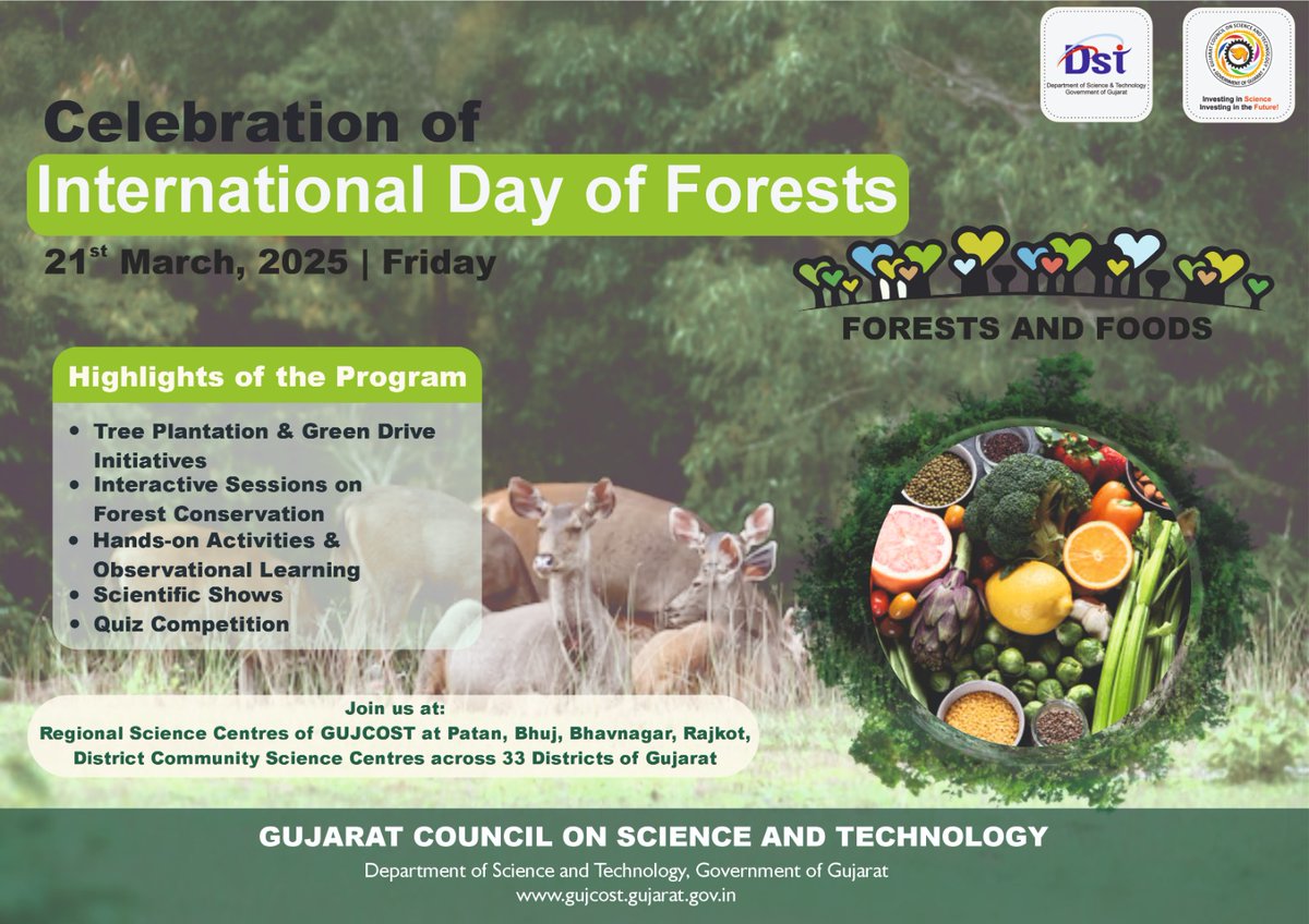 InfoGujcost's tweet image. Forests are the lifeline of our planet feeding billions, sustaining biodiversity &amp;amp; combating climate change. 

Celebrating #InternationalDayOfForests on 21st March 2025 under the theme "Forests and Food" !

Join #GUJCOST’s network at #RSCs &amp;amp; #CSCs for engaging activities like