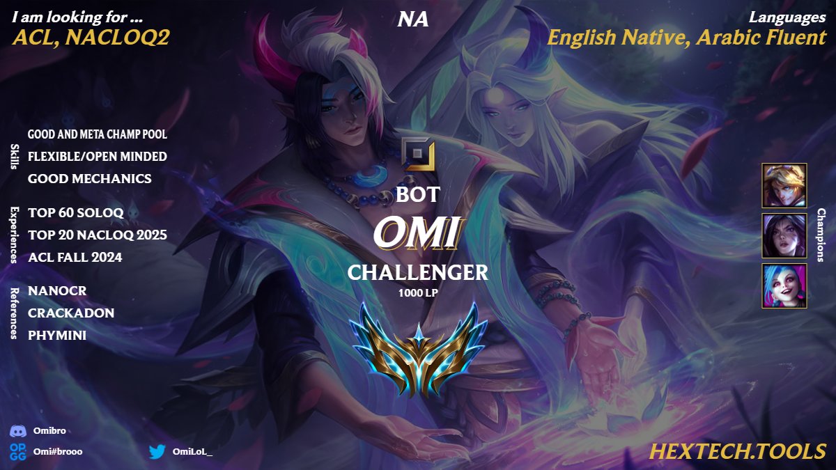 ADC LFT ACL, Had a solid run in OQ with Exodus, I'm extremely confident in myself after this experience and I know I can prove myself as one of the best AD carries in NA
❤️+🔃 Appreciated &lt;3