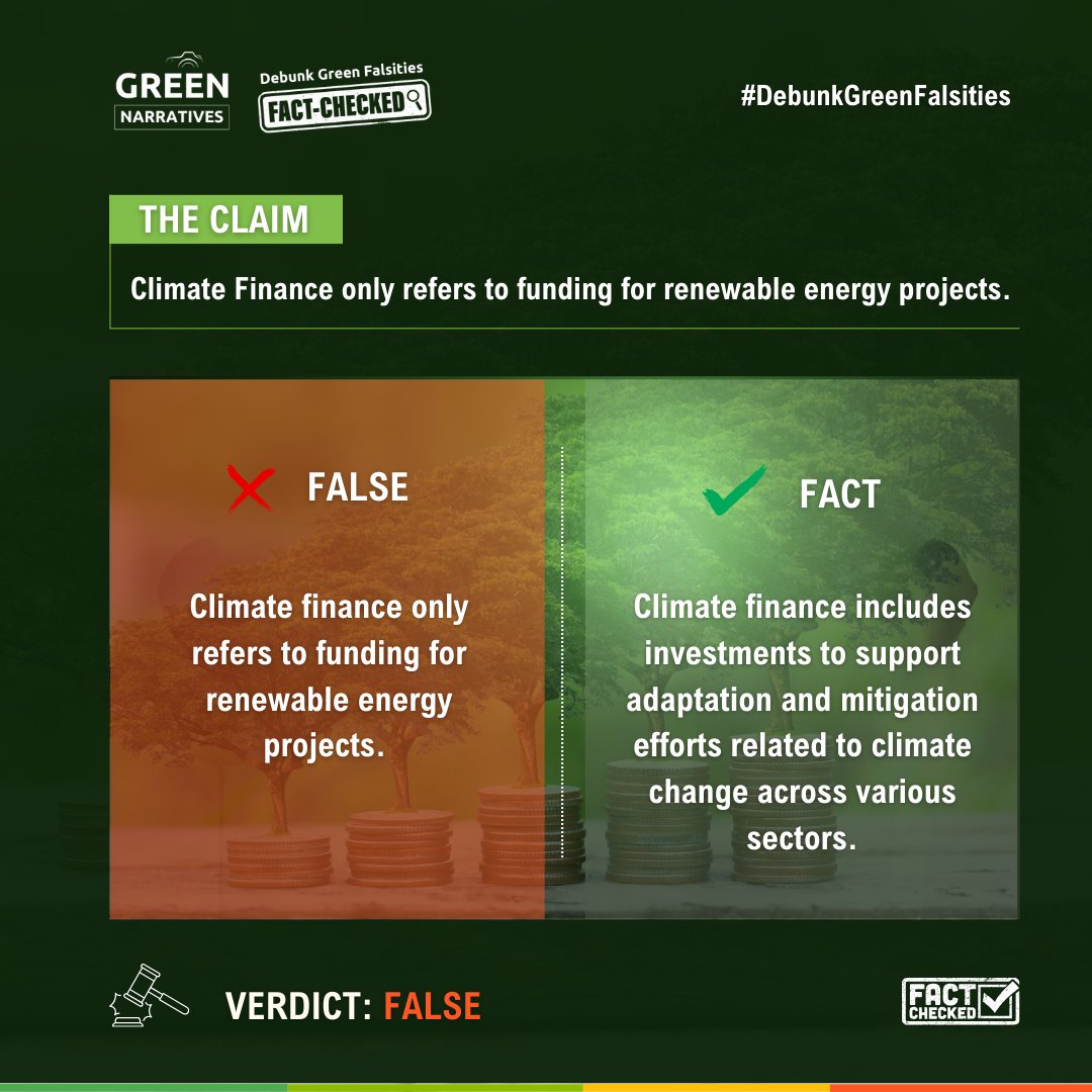 GreenDebunkUG's tweet photo. #DebunkGreenFalsities
Claim: Climate Finance is only about Funding Renewable Energy Projects 📌
Verdict: FALSE ❌️
Take a look at the justification: https://t.co/pPyiXyB0qr
#ClimateChange #ClimateFinance #ClimateAction #Sustainability #DebunkTheMyth #RenewableEnergy #Uganda https://t.co/Osb2oRd78i