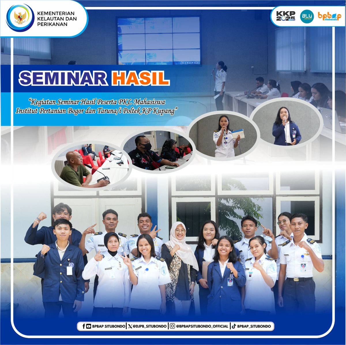 DJPB_SITUBONDO's tweet photo. Seminar Hasil 
Kegiatan Seminar Hasil Peserta PKL mahasiswa IPB dan Taruna/i Poltek KP Kupang

@HandoyoBoyun @BudidayaKKP 
#KKP #2025RiseTogether https://t.co/ACFMYexTuZ