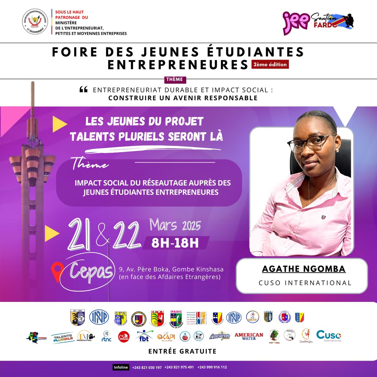CusoIntlRDC's tweet photo. 📢📢📢Rejoignez-nous  aujourd’hui à la foire dédiée aux jeunes entrepreneurs étudiants.

Notre projetct manager, @agathengomba et l'une de nos gestionnaires de l'espace co-working @noellakizubanata, font partie des intervenants qui vont vous inspirer avec des concepts novateurs pour faire progresser votre entreprise et influencer positivement votre communauté.

Veillez trouver plus de détails sur l’affiche 👇🏼👇🏽👇🏿