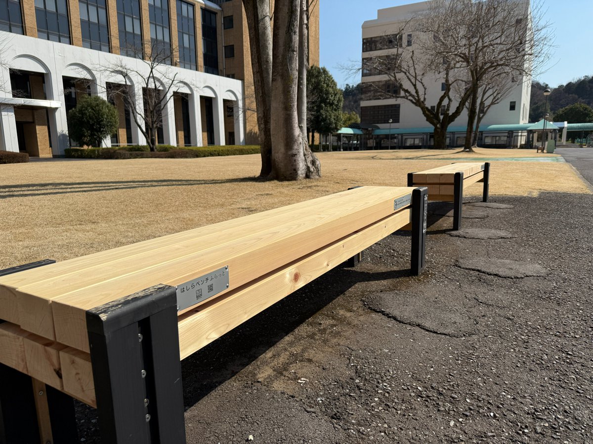 suruga_gakusei's tweet photo. 大学中庭の「はしらベンチ」が新年度を前に木が取り替えられて新しくなりました。

天気良い日は中庭でお昼ごはん食べるのもおススメです！
お花見も楽しみですね。
※こちらのベンチは駿河台大学同窓会からの寄附により設置されています。
#駿河台大学 #中庭 ＃芝生 #はしらベンチ #西川材 https://t.co/XZfoWUeXyf