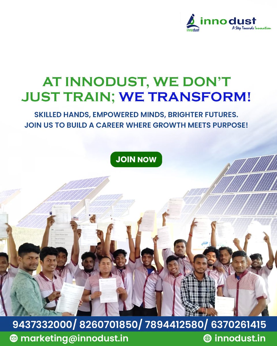 innodust's tweet image. At Innodust, we don’t just train—we transform! From skilled hands to brighter futures, our trainees are now ready to power the world with renewable energy! 

Join us &amp;amp; be part of the change!
📞 9437332000 | 🌐 innodust.in

#WeTransform #SkillToSuccess #RenewableEnergy