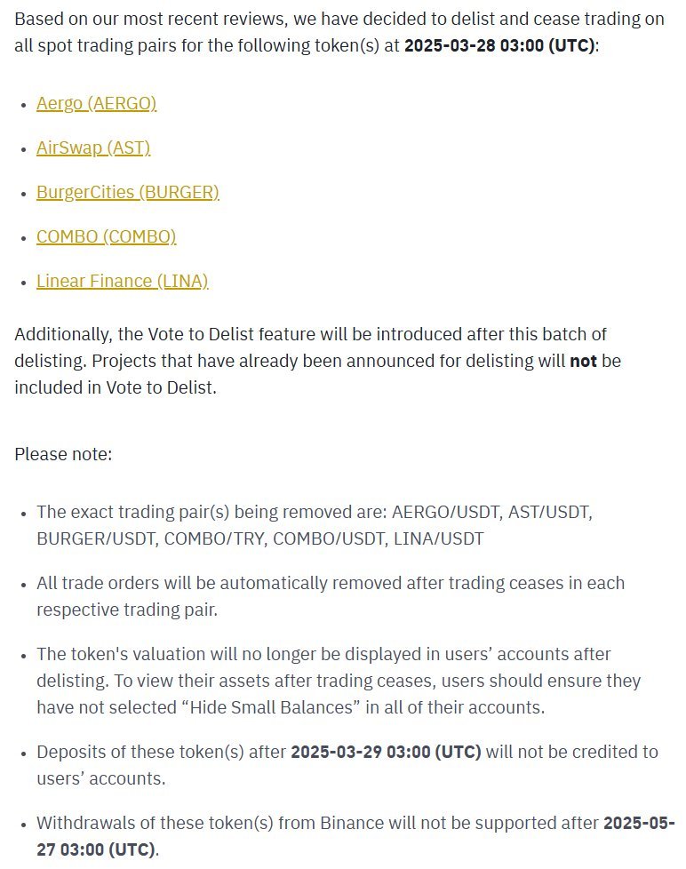 Binance will delist and cease trading on all spot trading pairs for $AERGO, $AST, $BURGER, $COMBO, $LINA