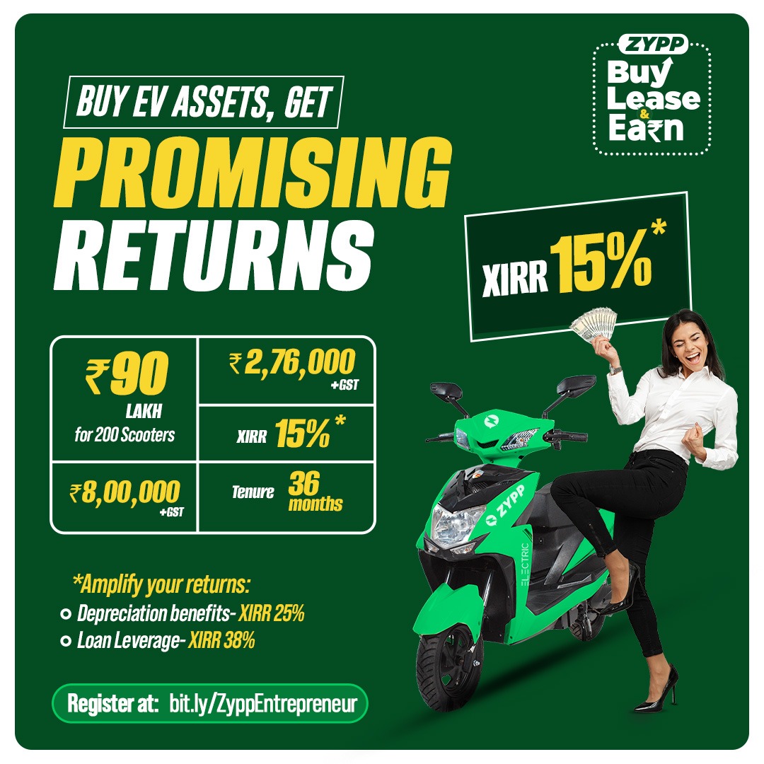 Earn big with Zypp Electric! 🚀 Invest ₹90L &amp; get ₹2.76L/month for 36 months + ₹8L Residual Value! 💰 XIRR up to 38% with loans &amp; depreciation benefits. Grow your wealth while going green! 🌱⚡

Register now: [bit.ly/ZyppEntreprene…]

#EV #InvestSmart