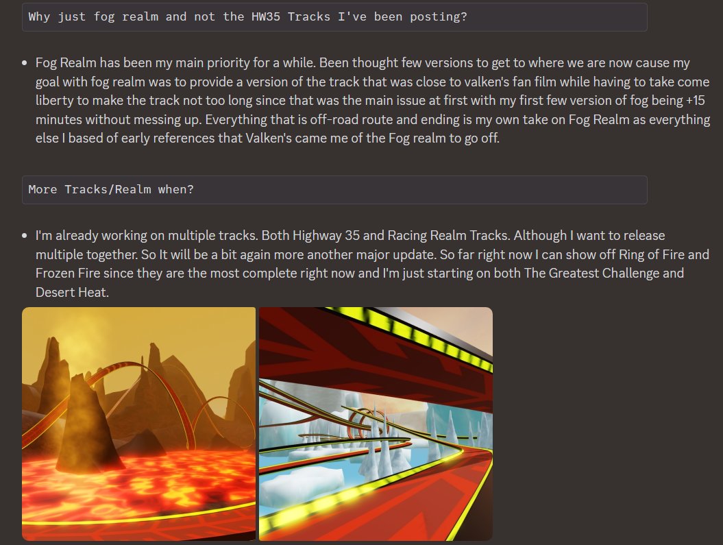 Afterburner_ABR's tweet photo. Made a Dev log on our discord server. 
Also going to make one whole update for Fog Realm over the weekend with all the other AR cars and hopefully some improvements to the track (Like adding walls on the spirals) and some other stuff.
 
#hotwheels #acceleracers #ROBLOX https://t.co/hGS0J4nDwj