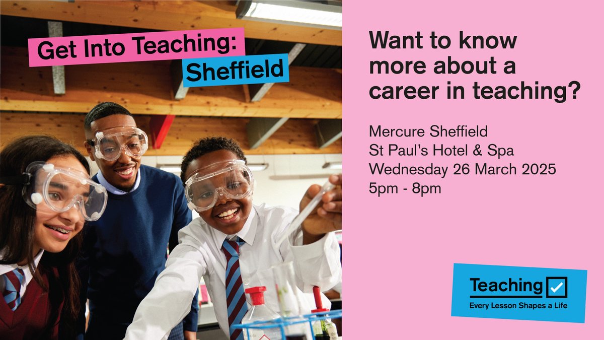 Come &amp; see us at the Get Into Teaching: Sheffield event. These events are a great opportunity to:

✅Get expert advice on funding &amp; your application
✅talk to teachers &amp; course providers
✅connect with people considering a career in teaching

👉 Book now - shorturl.at/5QLj7