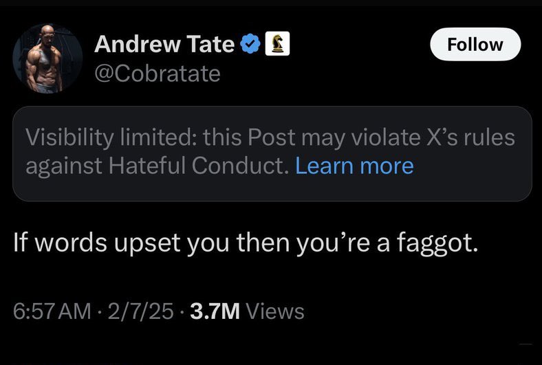 P_Kallioniemi's tweet photo. Andrew "If words upset you then you're a f*ggot" Tate just sued multiple X users because they said mean things about him.

What a snowflake. https://t.co/VNmmH0s5yc