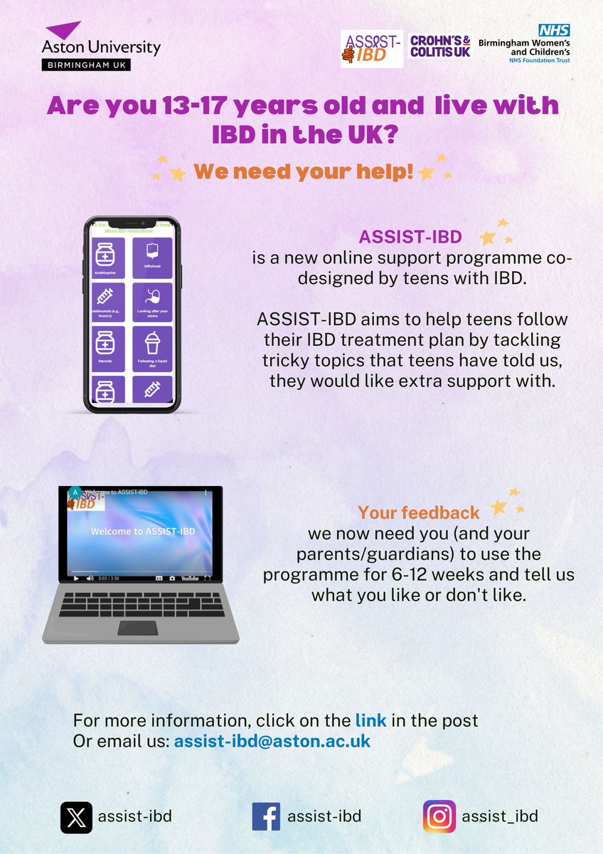 Teens with #crohns or #colitis and their parents/guardians- we need your help! 

We've developed a new web support programme, ASSIST-IBD to help teens live well with IBD. We need you to try it out and tell us what you think! 

Click link for more info: astonpsychology.eu.qualtrics.com/jfe/form/SV_5B…