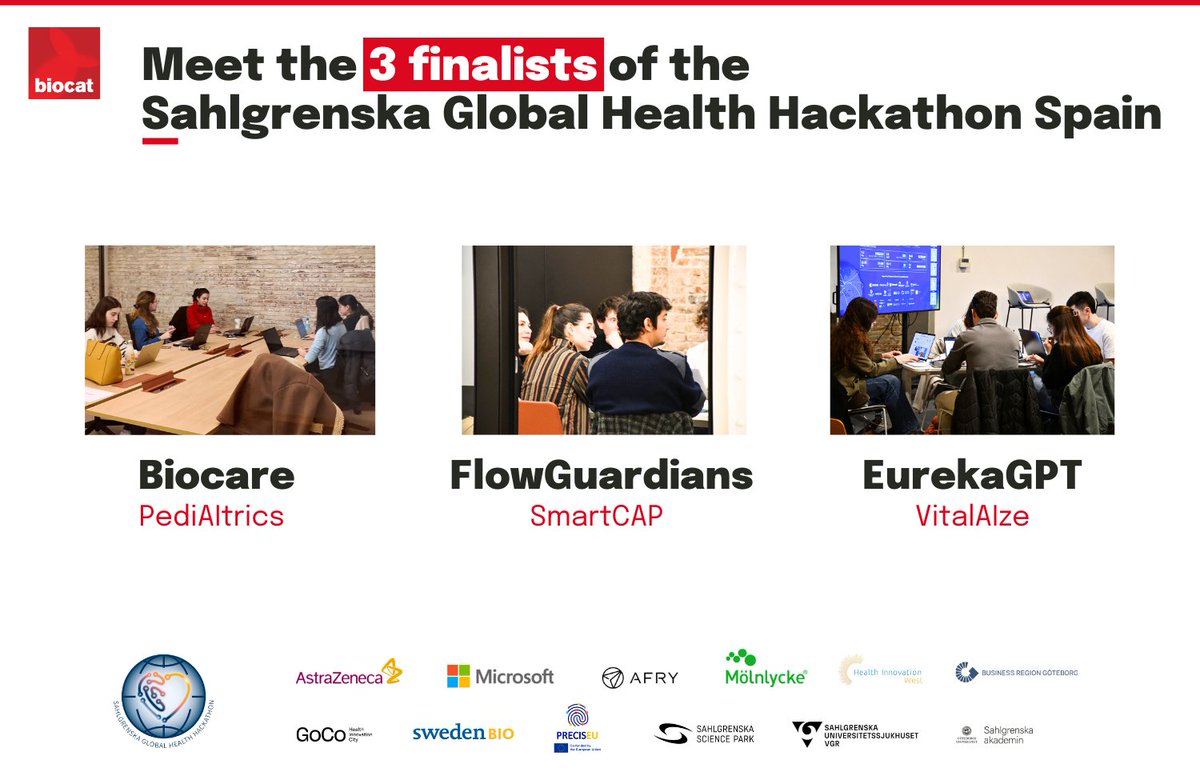 🏆 Meet the finalists of the Sahlgrenska Global Health Hackathon Spain (Barcelona)!
 
After an inspiring competition, we are excited to announce the three finalist projects:
🔹PediAltrics
🔹 SmartCAP
🔹 VitalAlze
 
Congratulations 🚀