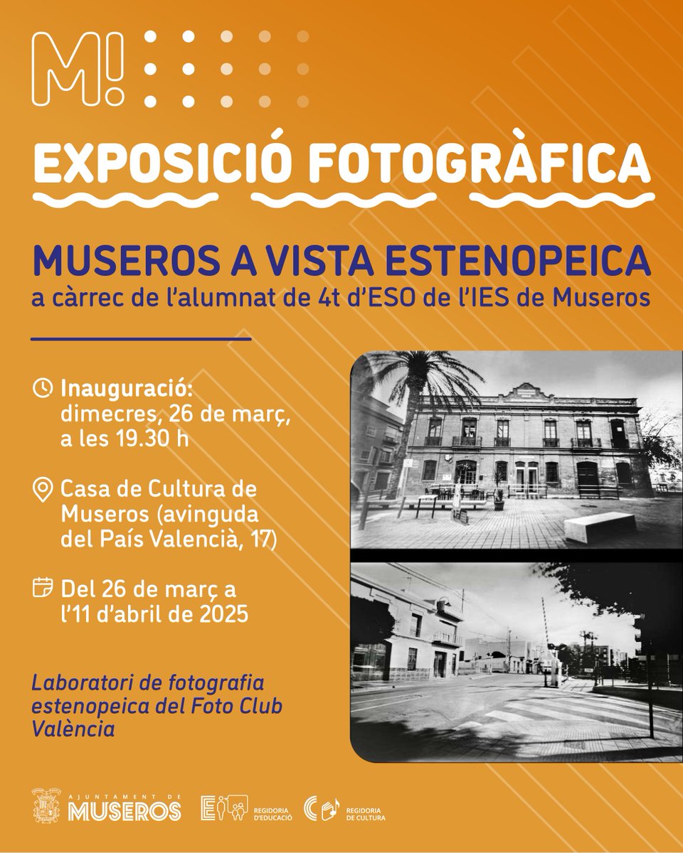 📷 Dimecres, 26 de març, a les 19.30 h, s’inaugurarà l’exposició de fotografia estenopeica, feta per l’alumnat de 4t d’ESO de l’IES de Museros, a la Casa de Cultura.

📌 L’exposició estarà disponible fins a l'11 d'abril, a la sala de la piràmide.