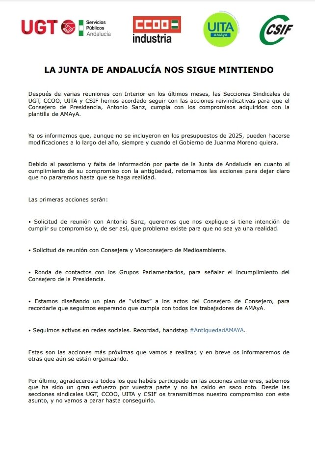 CCOO AMAYA (@ccooamaya) on Twitter photo Ante la falta de respuesta a los compromisos de <a href="/antoniosanz/">Antonio Sanz Cabello</a>,<a href="/LinaGarcia_AND/">Catalina García</a> <a href="/MedioAgua/">Agencia Medio Ambiente y Agua AMAYA</a> <a href="/Plan_INFOCA/">EMA INFOCA</a> retomamos la vía de la reivindicación y la movilización. Ante la falta de respuesta a los compromisos de <a href="/antoniosanz/">Antonio Sanz Cabello</a>,<a href="/LinaGarcia_AND/">Catalina García</a> <a href="/MedioAgua/">Agencia Medio Ambiente y Agua AMAYA</a> <a href="/Plan_INFOCA/">EMA INFOCA</a> retomamos la vía de la reivindicación y la movilización.