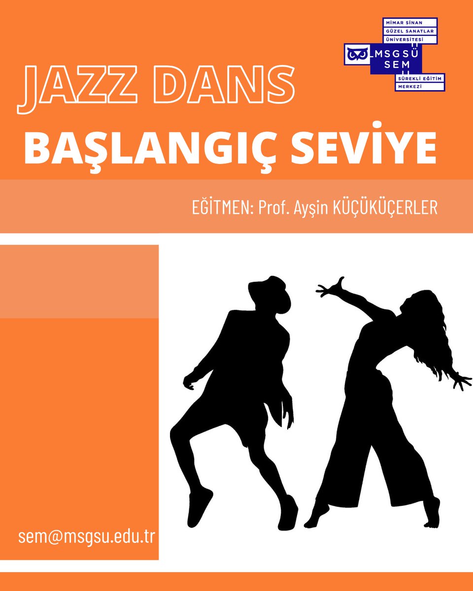 MSGSÜSEM (@sem_msgsu) on Twitter photo Sürekli Eğitim Merkezi’mizde Prof. Ayşin KÜÇÜKÜÇERLER tarafından verilen "JAZZ DANS BAŞLANGIÇ SEVİYE" Eğitim Programımız 7 Nisan 2025'te başlıyor. 👏🦉
📌 Kayıt işlemleri
☎️ 0212 393 34 85
🔗 Bağlantı adreslerimiz; sem@msgsu.edu.tr
sem.msgsu.edu.tr/course/jazz-da… Sürekli Eğitim Merkezi’mizde Prof. Ayşin KÜÇÜKÜÇERLER tarafından verilen "JAZZ DANS BAŞLANGIÇ SEVİYE" Eğitim Programımız 7 Nisan 2025'te başlıyor. 👏🦉
📌 Kayıt işlemleri
☎️ 0212 393 34 85
🔗 Bağlantı adreslerimiz; sem@msgsu.edu.tr
sem.msgsu.edu.tr/course/jazz-da…