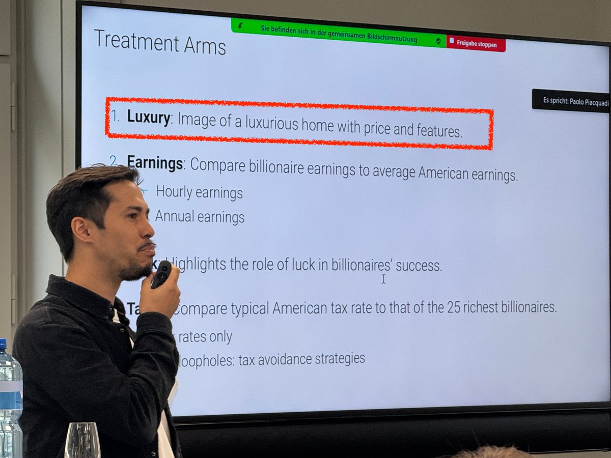 Thiemo Fetzer 🇪🇺🇺🇦 - same handle elsewhere (@fetzert) on Twitter photo Next up, we have <a href="/yusof_jeff/">Jeffrey Yusof</a> presenting joint work with <a href="/pereztruglia/">Ricardo Perez-Truglia</a> Billionaire Superstar: Public Image and Demand for Taxation. They use an experiment where they used luxury queues -- pictures of their luxury homes -- in an informational experiment. Again, drawing links... Next up, we have <a href="/yusof_jeff/">Jeffrey Yusof</a> presenting joint work with <a href="/pereztruglia/">Ricardo Perez-Truglia</a> Billionaire Superstar: Public Image and Demand for Taxation. They use an experiment where they used luxury queues -- pictures of their luxury homes -- in an informational experiment. Again, drawing links...