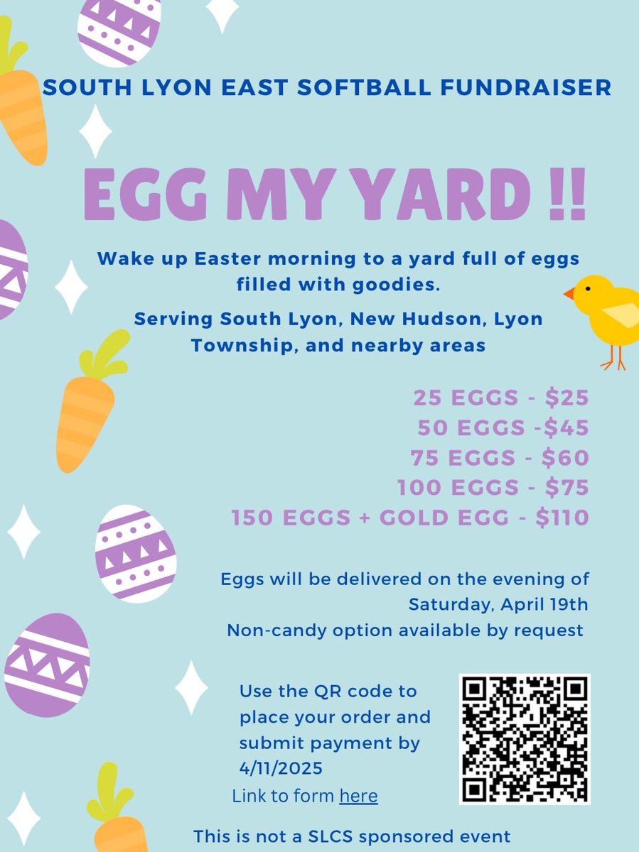 Egg My Yard is back! Consider signing up at the link below to make sure you are all set for Easter morning! Check out the link/QR code below! Appreciate your support! #BeEAST 

🔗: tinyurl.com/SLEEggMyYard