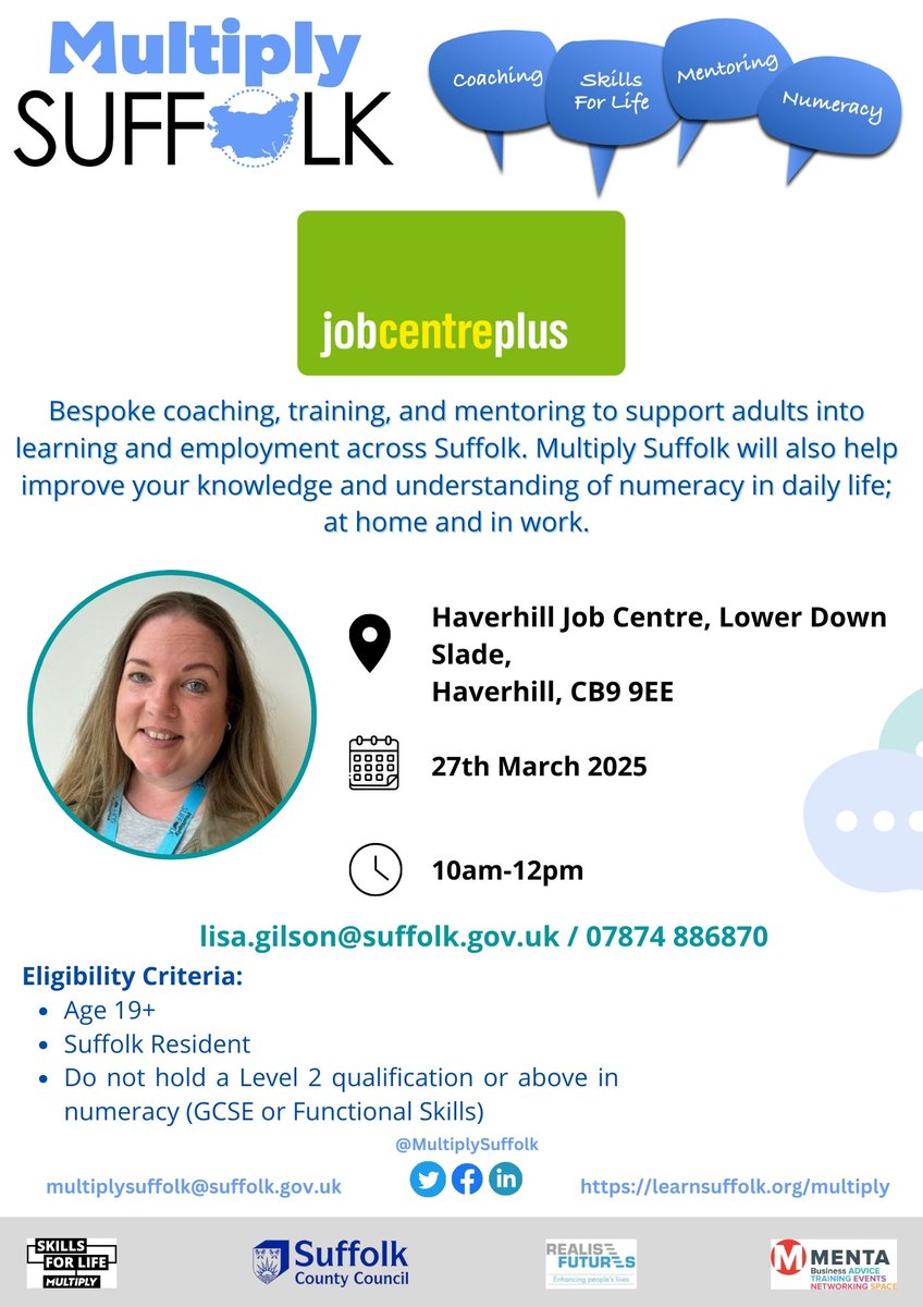 Multiply Suffolk (@multiplysuffolk) on Twitter photo Lisa will be at the Haverhill Job Centre, 10am-12pm, speaking to customers about the free support we offer, including money management, shopping savvy, and job-related numeracy. Speak to your allocated work coach to find out more.
<a href="/DWP_EastAnglia/">JCP East Anglia DM</a>
#Multiply Lisa will be at the Haverhill Job Centre, 10am-12pm, speaking to customers about the free support we offer, including money management, shopping savvy, and job-related numeracy. Speak to your allocated work coach to find out more.
<a href="/DWP_EastAnglia/">JCP East Anglia DM</a>
#Multiply