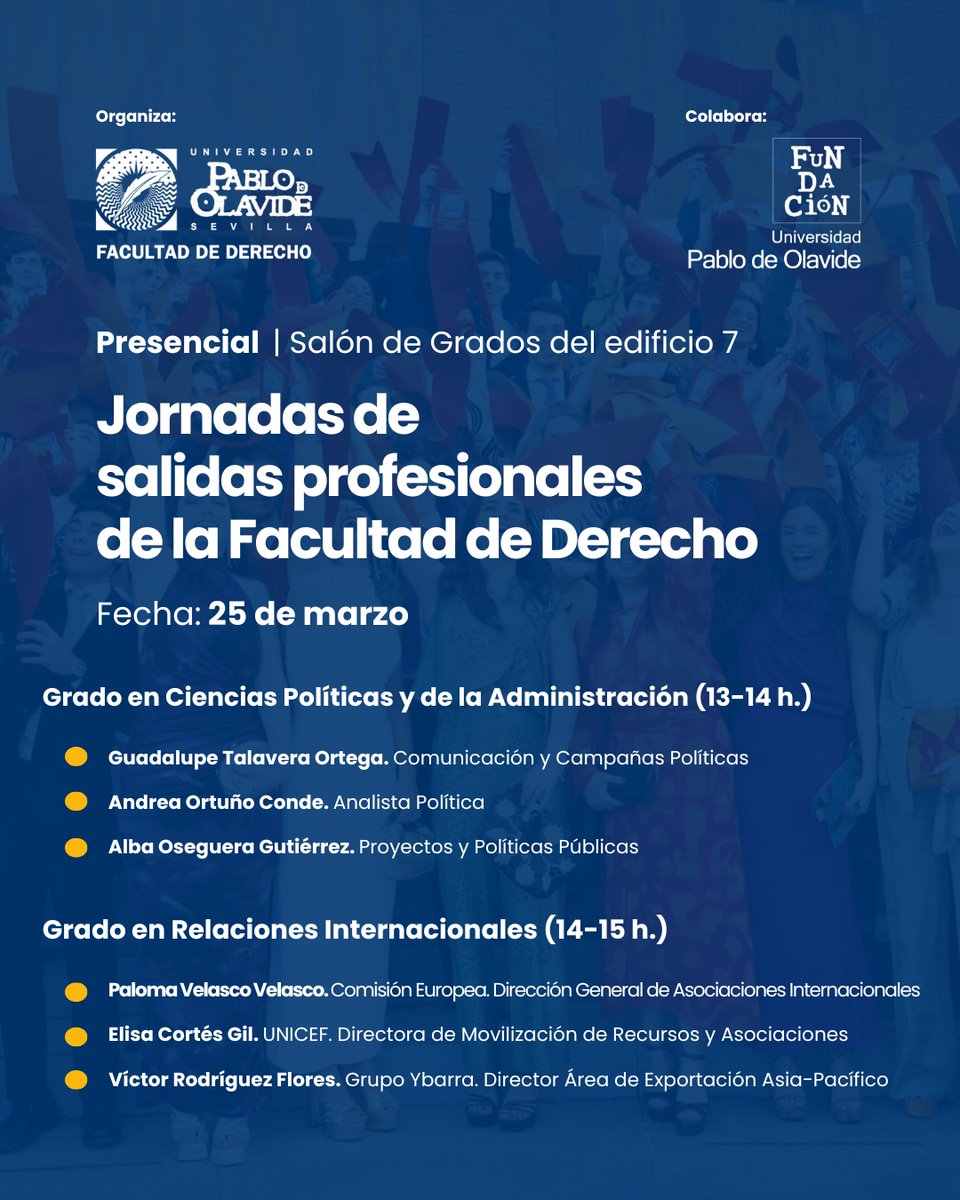 Os esperamos el martes 25 en las Jornadas de Salidas Profesionales de la Facultad de Derecho de la UPO. A la 13:00h mesa especial para politólogos/as <a href="/UPODerecho/">Facultad de Derecho</a>