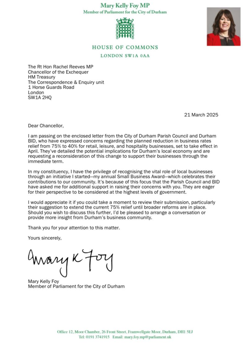 Mary Kelly Foy MP (@marykfoy) on Twitter photo Working closely with <a href="/DurhamBID/">Life InDurham by Durham BID</a> and the City of Durham Parish Council to support local businesses has been a priority of mine for years. I received contact from them this week about changes to business rates and I share their concerns which I've swiftly relayed to the Chancellor. Working closely with <a href="/DurhamBID/">Life InDurham by Durham BID</a> and the City of Durham Parish Council to support local businesses has been a priority of mine for years. I received contact from them this week about changes to business rates and I share their concerns which I've swiftly relayed to the Chancellor.