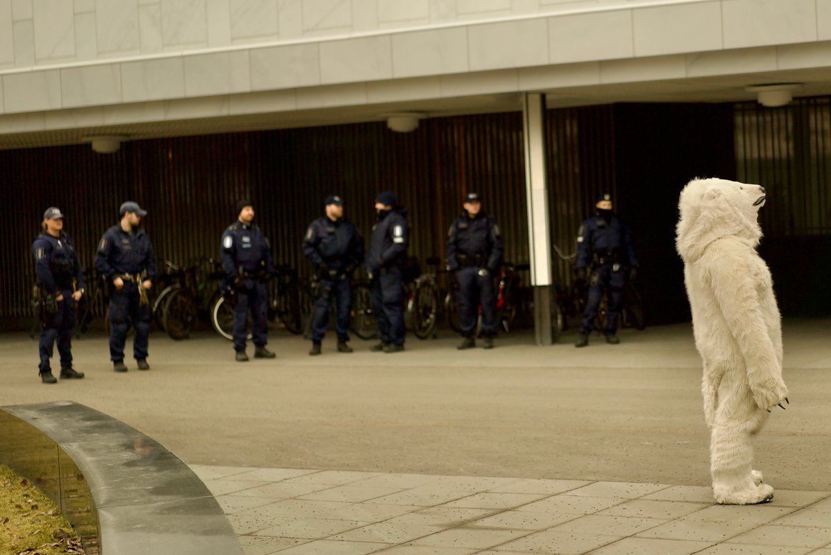 Yesterday our polar bear had bought <a href="/Nordea/">Nordea</a> share to attend the AGM and ask the company to stop funding fossil fuel expansion. But our bear was refuced entrance and taken into custody.

#Nordea must take concrete #ClimateAction.

For more👉@scirebelfinland.bsky.social