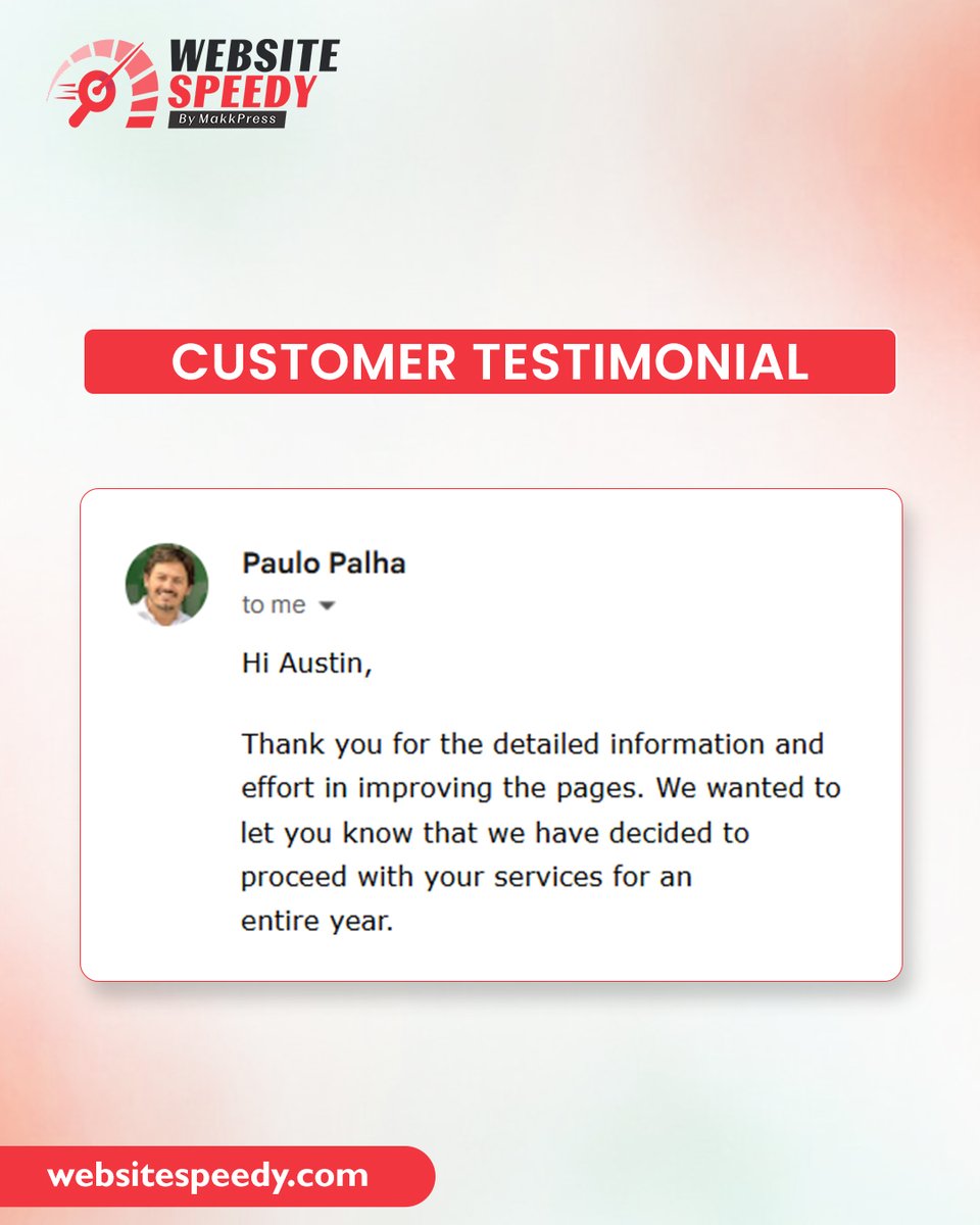 WebsiteSpeedy's tweet image. 🚀 Another Happy Customer! 💬
Paulo Palha shares his excitement about partnering with Website Speedy for an entire year! 🎉
Visit us at 👉 websitespeedy.com
#CustomerTestimonial #WebsiteSpeedOptimization #WebsiteSpeedy