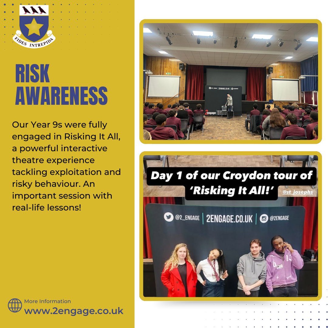 St. Joseph's College (@st_josephs) on Twitter photo Our Year 9s took part in Risking It All, an interactive theatre production by <a href="/2_engage/">2engage CIC</a> tackling exploitation, grooming & risky behaviour. A powerful session that got students thinking about staying safe & looking out for each other. #RiskAwareness #StaySafe #Adolescence Our Year 9s took part in Risking It All, an interactive theatre production by <a href="/2_engage/">2engage CIC</a> tackling exploitation, grooming & risky behaviour. A powerful session that got students thinking about staying safe & looking out for each other. #RiskAwareness #StaySafe #Adolescence