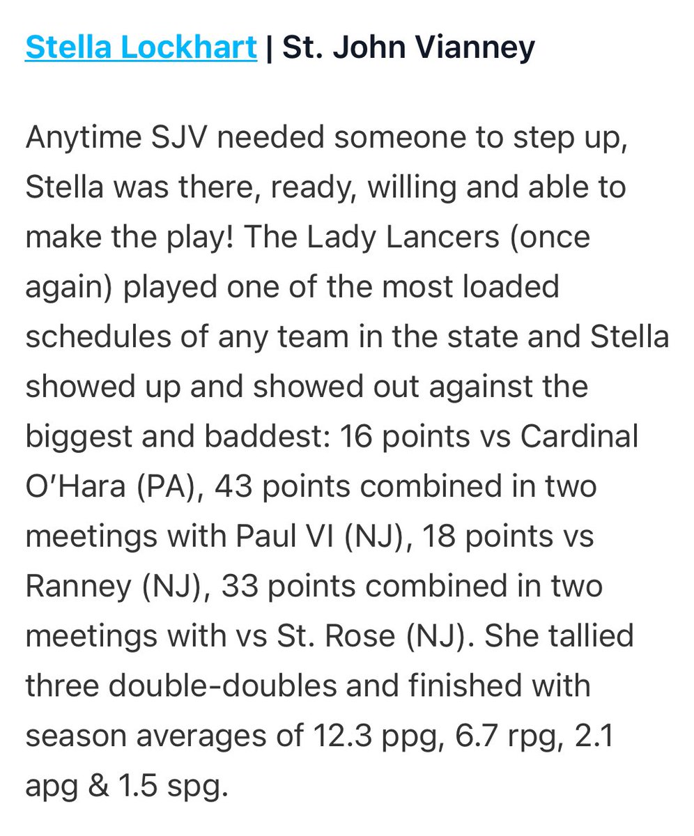 stella lockhart (@stellalockhart8) on Twitter photo Thank you <a href="/PGHNewJersey/">Prep Girls Hoops New Jersey</a> for the write up and including me in 2nd team all state!!
<a href="/sjvcoach/">Dawn Karpell</a> <a href="/SJVLadyLancers/">SJV Lady Lancers Basketball</a> <a href="/Jersey_gemz/">Jersey Gemz</a> <a href="/Coach_Taylor33/">Coach Audrey Taylor</a> <a href="/ShannonCoyle32/">Shannon Coyle</a> Thank you <a href="/PGHNewJersey/">Prep Girls Hoops New Jersey</a> for the write up and including me in 2nd team all state!!
<a href="/sjvcoach/">Dawn Karpell</a> <a href="/SJVLadyLancers/">SJV Lady Lancers Basketball</a> <a href="/Jersey_gemz/">Jersey Gemz</a> <a href="/Coach_Taylor33/">Coach Audrey Taylor</a> <a href="/ShannonCoyle32/">Shannon Coyle</a>