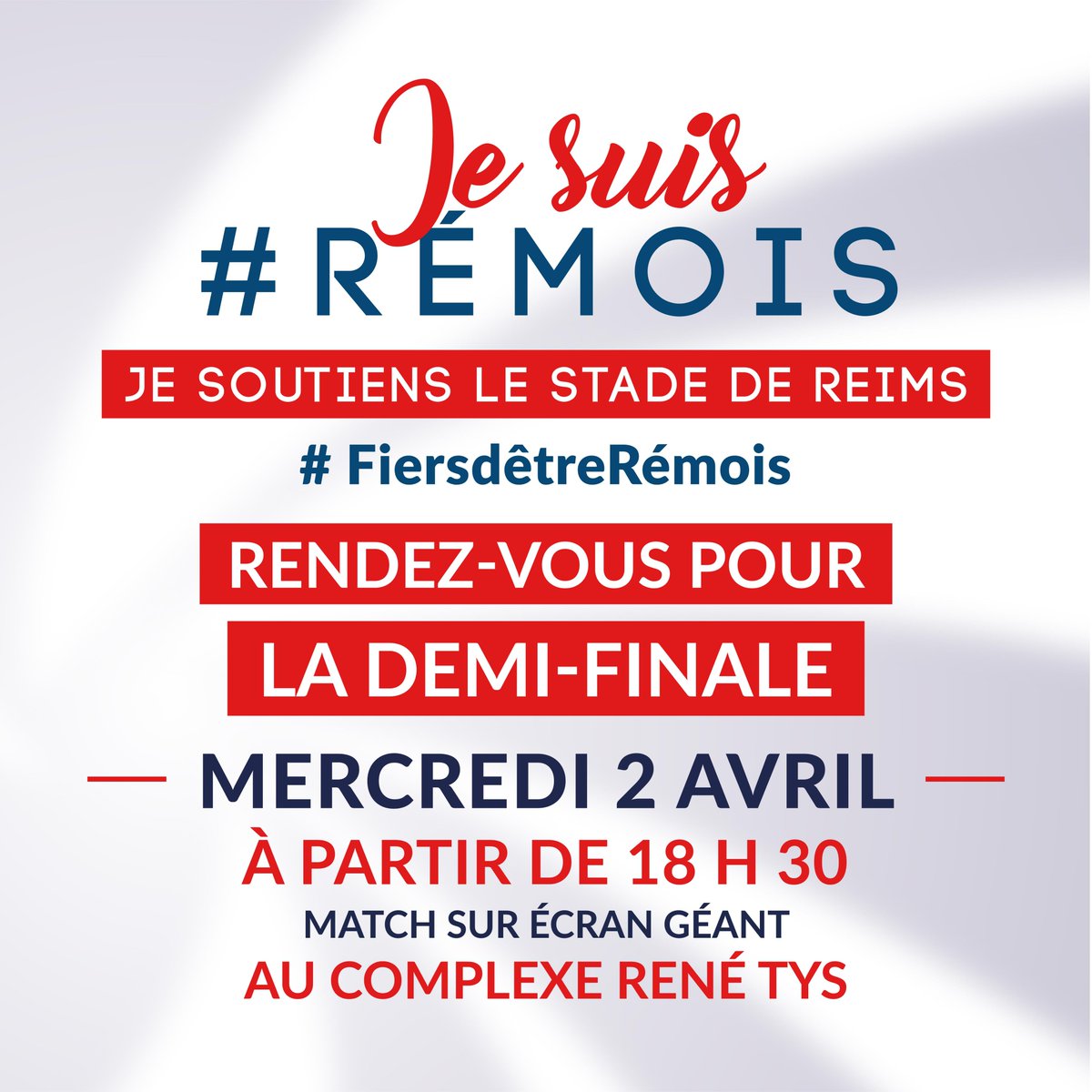 VilledeReims's tweet photo. La ville de #Reims invite les amateurs de football et fans du @StadeDeReims à soutenir leur équipe pour une #retransmission sur écran géant le mercredi 2 avril à #RenéTys. Une billetterie en ligne sera lancée le 26 mars dès 12h. => https://t.co/QpJTw8Pln1 #FiersdêtreRémois https://t.co/zjbpigMHfV