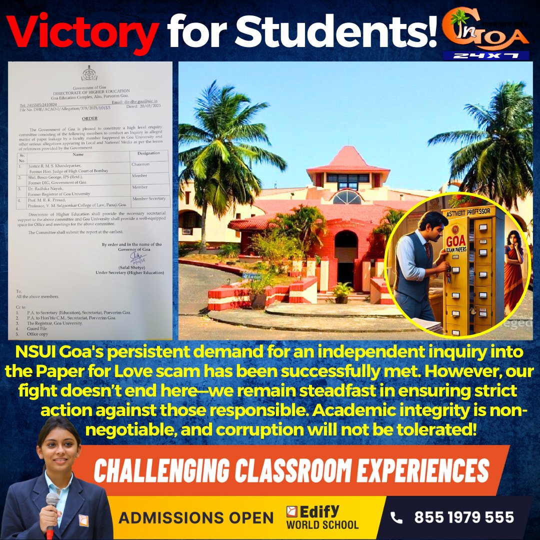 InGoa24x7's tweet photo. NSUI Goa's persistent demand for an independent inquiry into the Paper for Love scam has been successfully met. However, our fight doesn’t end here—we remain steadfast in ensuring strict action against those responsible.
#Goa #GoaNews #JusticeForStudents #NSUIGoa #PaperForLove https://t.co/xh8nHbk7PR