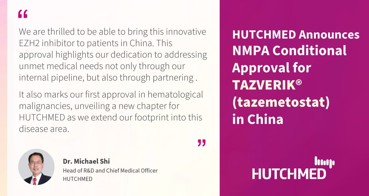 We are happy to share that TAZVERIK® (tazemetostat) has been granted conditional approval in China for the treatment of relapsed or refractory follicular lymphoma. This approval marks the first nationwide regulatory approval for TAZVERIK® in China. hutch-med.com/tazverik-nmpa-…