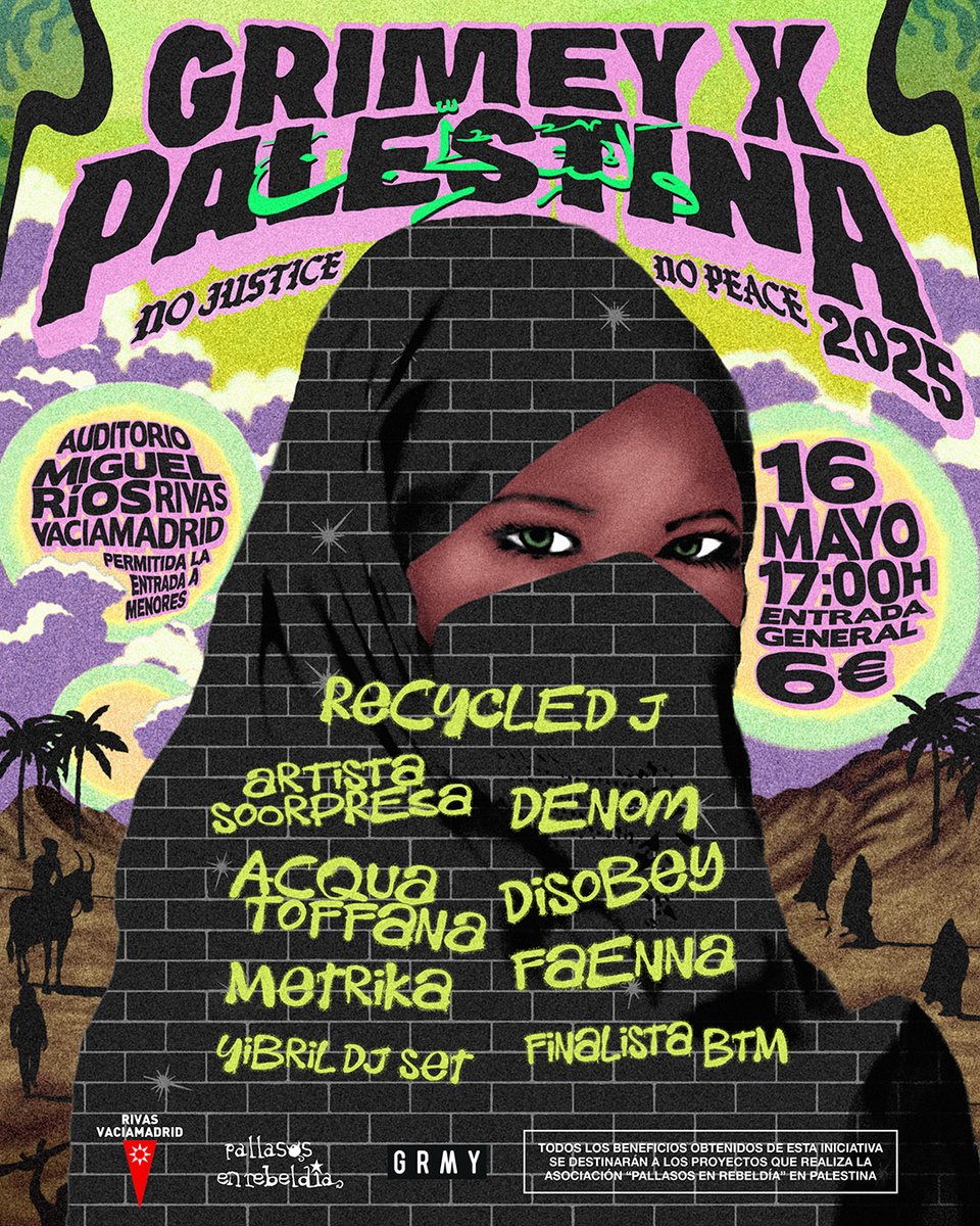 GRIMEY_WEAR's tweet photo. GRIMEY X PALESTINA 2025

🎫➡️ https://t.co/0FtOPyWbw5

Todos los beneficios obtenidos se destinarán a los proyectos que realiza la asociación Pallasos En Rebeldia en Palestina.

@Recycled_J @denom_madrid @metrikazf #AcquaToffana #Disobey #Faenna https://t.co/6z7Ep8kI0a