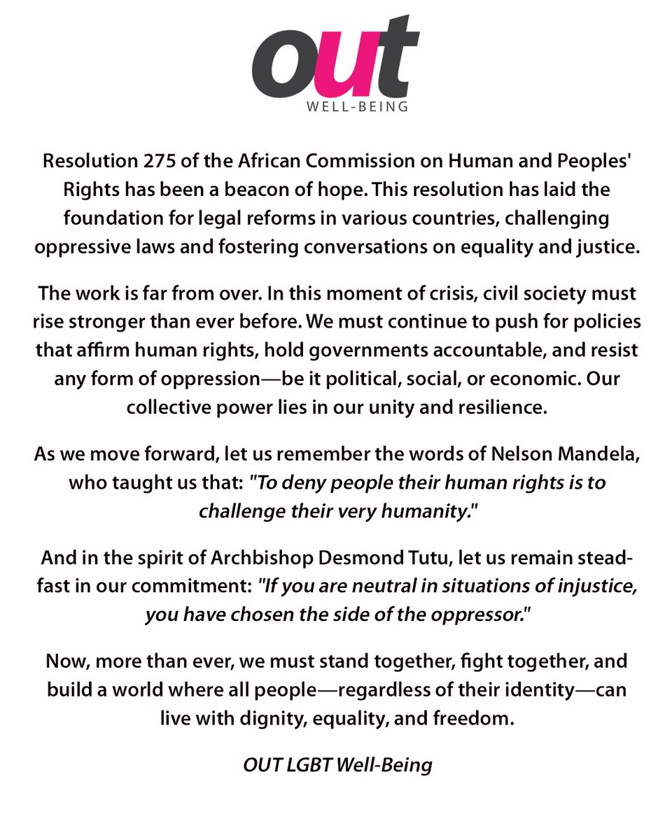 A Message from OUT on Human Rights Day in South Africa - 21 March 2025

As OUT LGBT Well-Being, we reaffirm our unwavering commitment to human rights, dignity, and justice for all people, particularly the most vulnerable among us.

#HumanRightsDay #queerlivesmatter