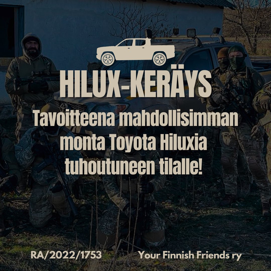 ⚡️ HILUX-KERÄYS

Tiedotimme viime vuoden joulukuussa lahjoituksena saadusta neliovisesta Toyota Hilux lava-autosta, jonka me taas lahjoitimme eteenpäin Ukrainan sotilastiedustelulle (GUR).

1/4