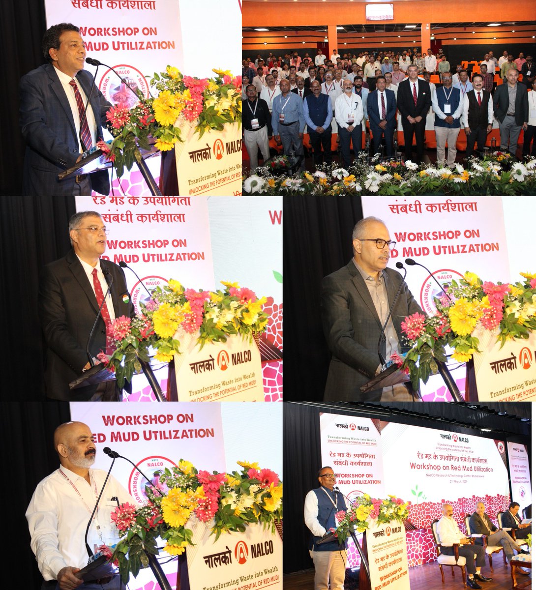 NALCO_India's tweet photo. The workshop on #Redmud Utilization was inaugurated by Shri Brijendra Pratap Singh, @CMDNALCO in the presence of Shri Jagdish Arora, Director(P&T), Shri Pankaj Kumar Sharma, Director (Production), Shri Ramesh Chandra Joshi, Director (Finance), Dr. Tapas Kumar Pattanayak, Director (HR) and dignitaries from @csirimmt, @JnarddcMines and @NITIAayog. The workshop is attended by industry leaders, academicians, #research institutes and #startups. @kishanreddybjp @satishdubeyy @minesminindia #Bauxite #Alumina #Aluminium #ViksitBharat