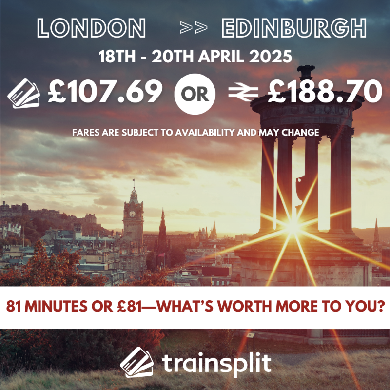 TrainSplit's tweet photo. 💸 £81 more… for what, exactly? Saving a few minutes? 🤨
£107 vs. £188 – One quick change = big savings
Just 81 extra minutes round trip – worth it?
💡 Travel smarter, not pricier!
👉 https://t.co/thSq5mRqtj
#SplitTickets @visitscotland @edinburgh @TheBotanics #ForeverEdinburgh