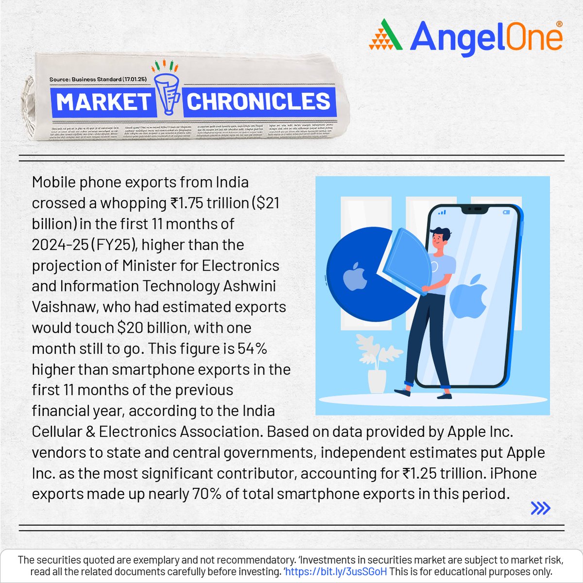 AngelOne's tweet photo. India's smartphone exports are soaring! We've crossed $21 billion in FY25, beating estimates. Apple leads the charge! Swipe to see the key highlights.
#MarketChronicles #AngelOne
