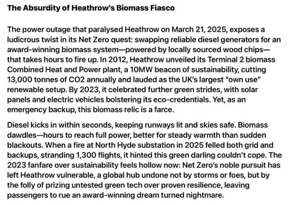 The sheer lunacy of Heathrow airport swapping reliable diesel generators with a net zero biomass system. ⬇️