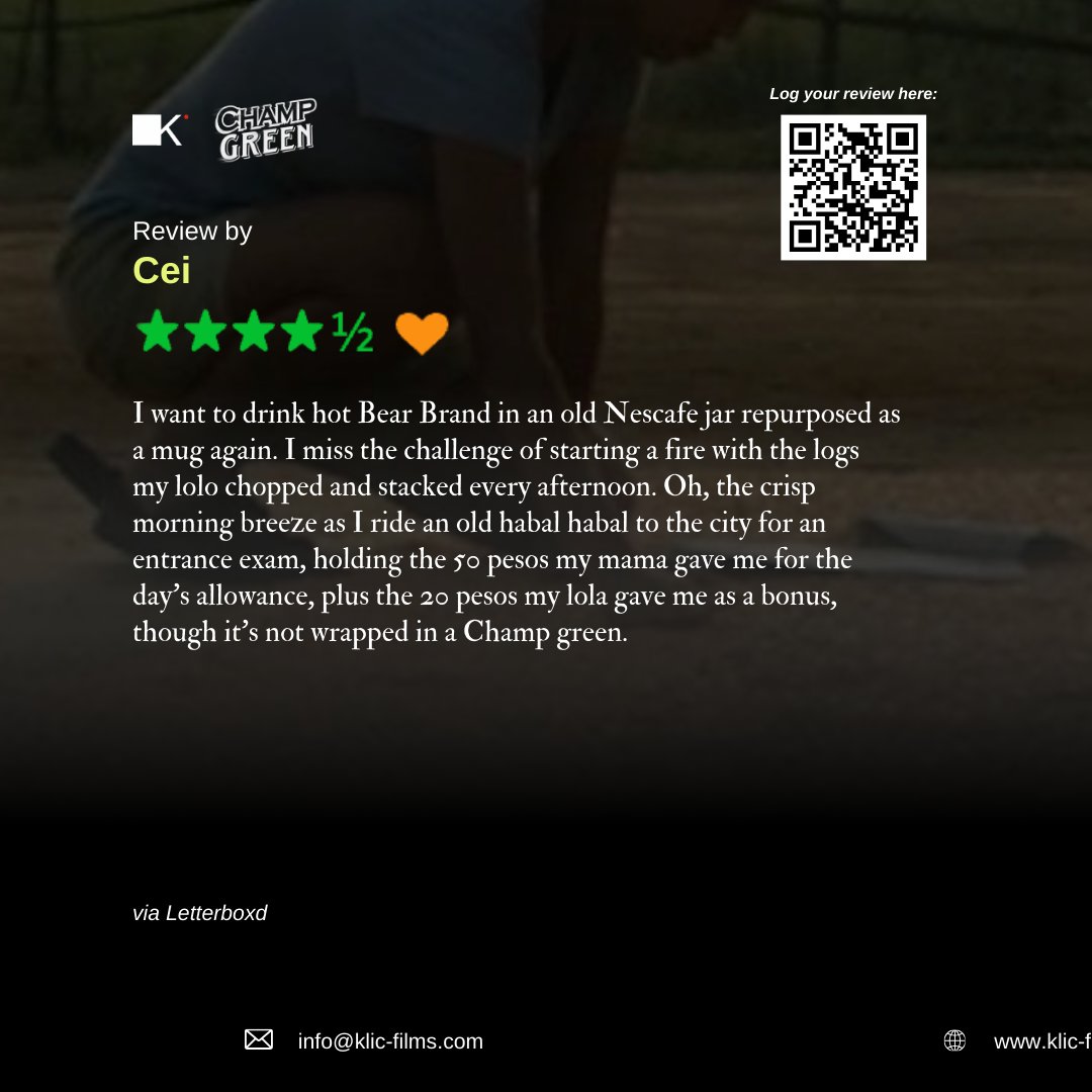 klicformore's tweet photo. "Love it. Very small story, in the end, but it's filled with the kind of detail I love." - Philbert Dy, film critic
✨ Champ Green isn’t just winning over the festival jury—it’s stealing the hearts of audiences too! Check out what viewers are saying on Letterboxd!
#KlicForMore https://t.co/JqI72GiRHu