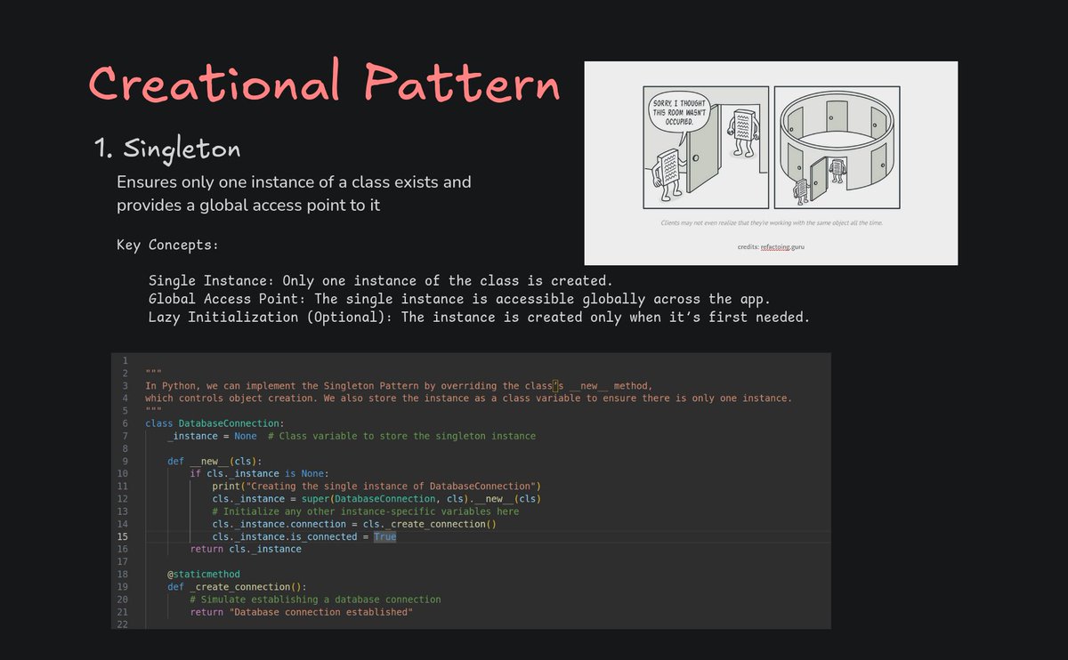 rahulnegiwho's tweet image. 🧵 Thread (1/3)
🚨Started revising LLD patterns
📕creating this thread & Medium article for future reference
⚡️Kicking off with Singleton in Python: one DB connection .
Let’s dive in!
#LLD #pythonlearning
#pythoncode #systemdesign