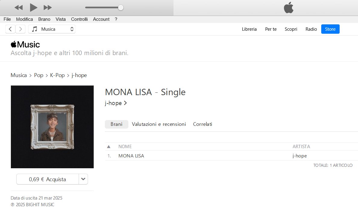 Seoul_ItalyBTS's tweet photo. 🎵🛒 Rilasciata 'MONA LISA' di j-hope su tutte le principali piattaforme musicali!🖼️✨
iTunes: https://t.co/YPF7ZKAHTM
Amazon Music: https://t.co/uz0HX5vvJf
MONA LISA OUT NOW
#MONALISAOutNow
#jhope #제이홉 @BTS_twt
#MONALISA #jhope_MONALISA https://t.co/x4cWJRRb1S