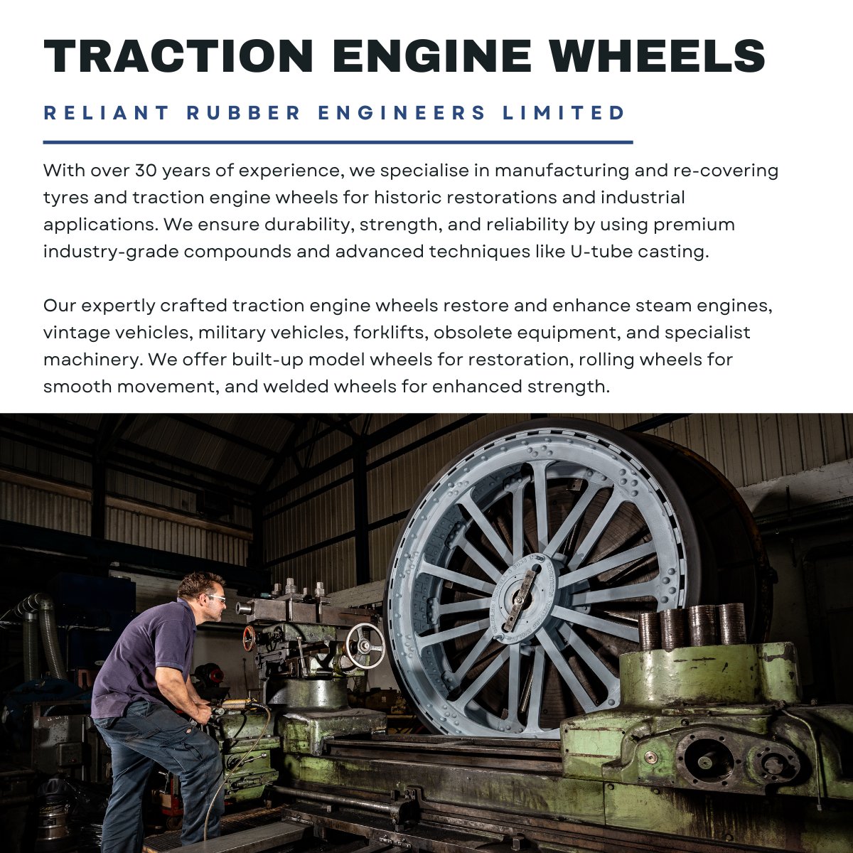 To learn more about our Traction Engine Wheel services, please visit us at reliantrubber.co.uk/traction-engin…. 🚜

#ReliantRubber #localbusiness #batley #tractionengine #wheels #tractionenginewheel #EngineeringExcellence #industrial